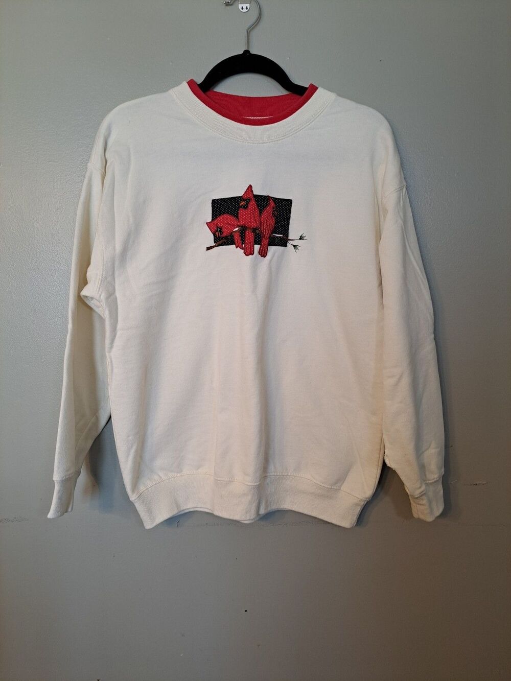 VTG Double Collar Crewneck Sweater Women M Cream Cardinal Granny Grandma Cottage